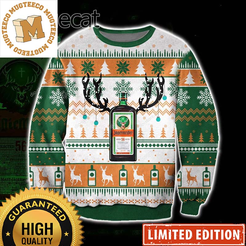 Jagermeister Reindeer Bottle Signature Green And Orange Colorway Knitting Christmas Ugly Sweater 2023 Jagermeister Reindeer Bottle Signature Green And Orange Colorway Knitting Christmas Ugly Sweater 2023