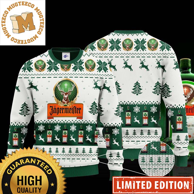 Jagermeister Signature Big Logo White And Green Snowflakes And Pine Tree Knitting Pattern Christmas Ugly Sweater 2023 Jagermeister Signature Big Logo White And Green Snowflakes And Pine Tree Knitting Pattern Christmas Ugly Sweater 2023