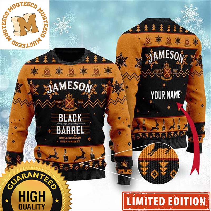 Jameson Black Barrel Whiskey Big Logo Personalized Black And Yellow Holiday Ugly Sweater 2023 Jameson Black Barrel Whiskey Big Logo Personalized Black And Yellow Holiday Ugly Sweater 2023