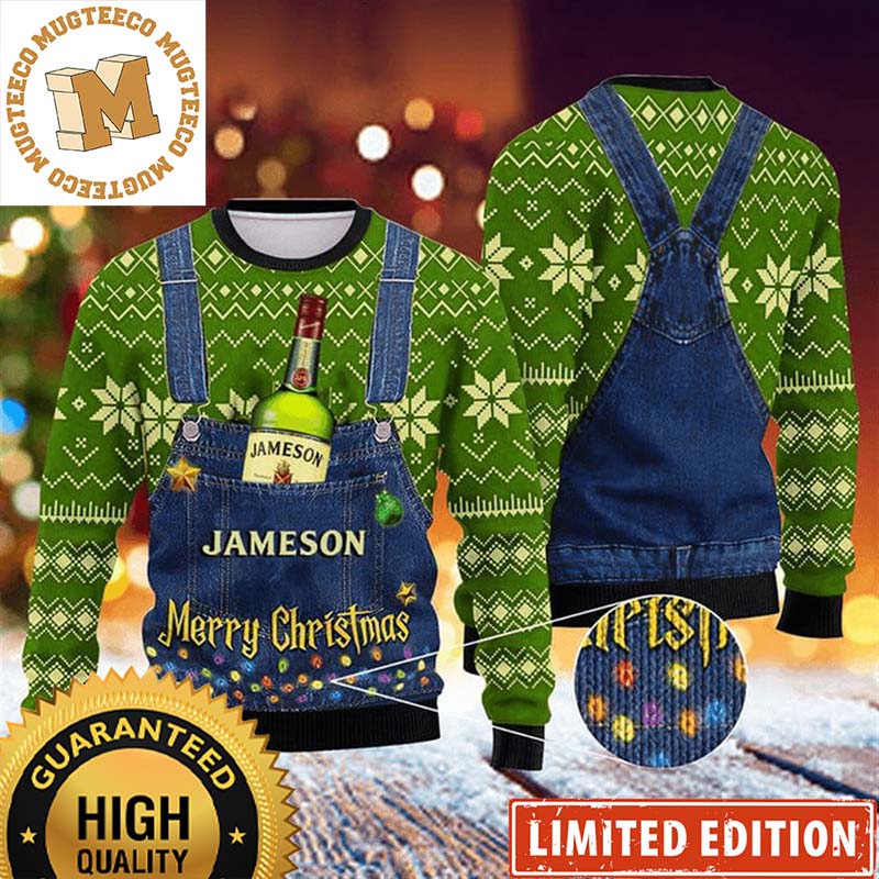 Jameson Merry Christmas Denim Overalls Effect Knitting Holiday Ugly Sweater Jameson Merry Christmas Denim Overalls Effect Knitting Holiday Ugly Sweater