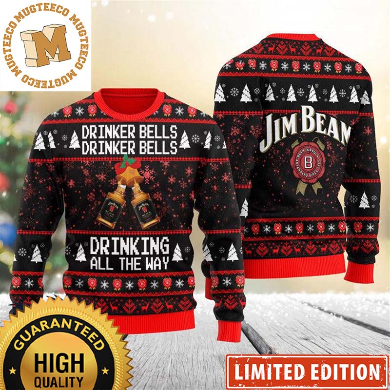 Jim Beam Bottle Cheers Drinker Bells Drinking All The Way Black And Red Knitting Christmas Ugly Sweater Jim Beam Bottle Cheers Drinker Bells Drinking All The Way Black And Red Knitting Christmas Ugly Sweater