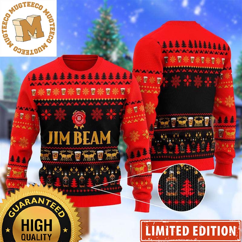 Jim Beam Bourbon Logo Christmas Scenes Knitting Pattern Red And Black Holiday Ugly Sweater Jim Beam Bourbon Logo Christmas Scenes Knitting Pattern Red And Black Holiday Ugly Sweater