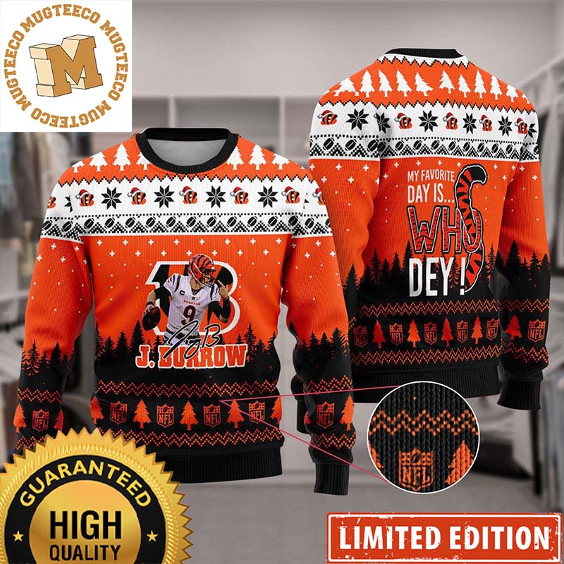Joe Burrow 9 Super Bowl My Favorite Day Is Whoo Dey 2023 Holiday Gifts For Fan Ugly Christmas Sweater Joe Burrow 9 Super Bowl My Favorite Day Is Whoo Dey 2023 Holiday Gifts For Fan Ugly Christmas Sweater