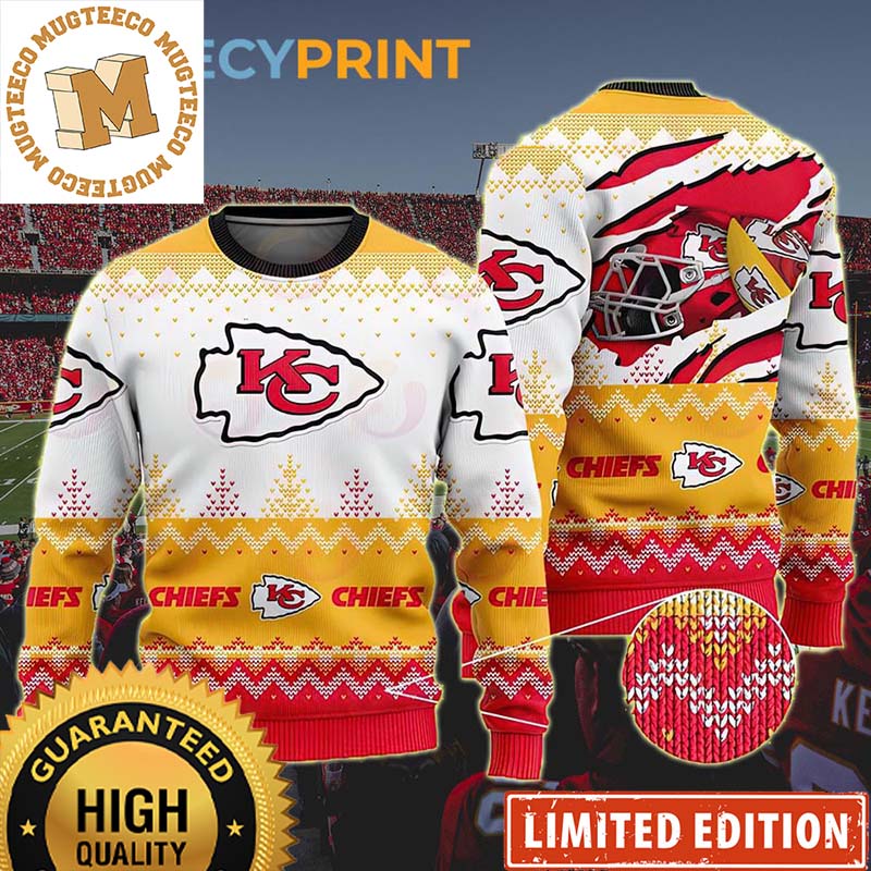 Kansas City Chiefs Football Helmet Red And Yellow Ugly Christmas Sweater Kansas City Chiefs Football Helmet Red And Yellow Ugly Christmas Sweater