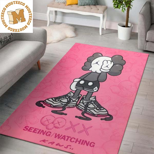Kaws Seeing Watching Sneaker In Pink Background Rug For Bedroom Kaws Seeing Watching Sneaker In Pink Background Rug For Bedroom