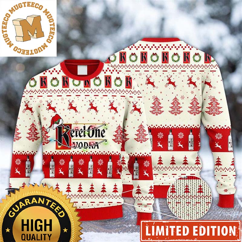Ketel One Vodka Logo Reindeer Snowy Night Knitting White And Red Christmas Ugly Sweater Ketel One Vodka Logo Reindeer Snowy Night Knitting White And Red Christmas Ugly Sweater