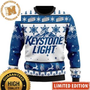 Keystone Light Beer Logo Snowflakes Reindeer Knitting White And Blue Christmas Ugly Sweater