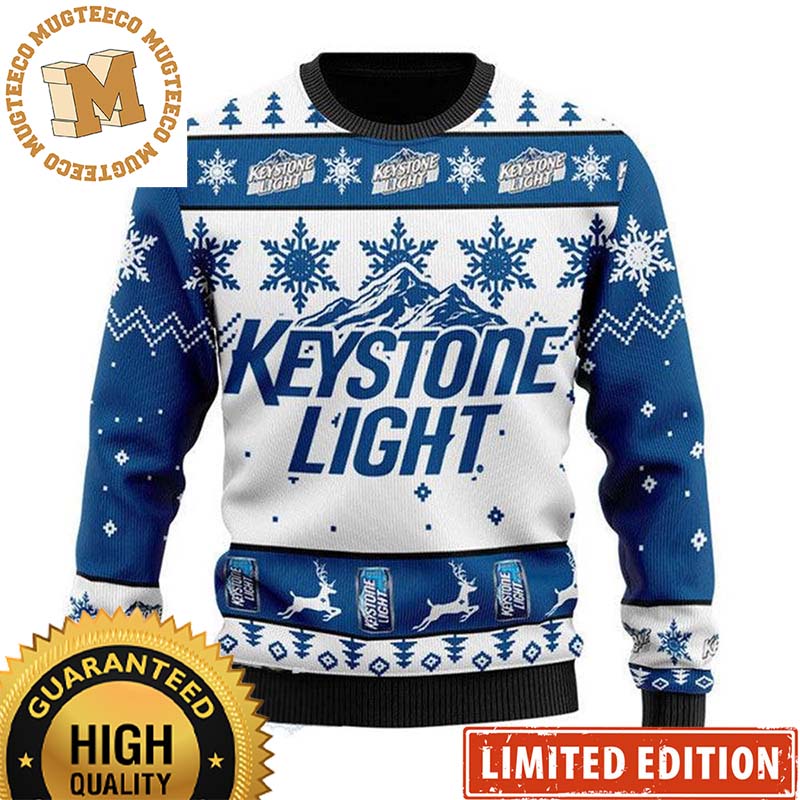 Keystone Light Beer Logo Snowflakes Reindeer Knitting White And Blue Christmas Ugly Sweater Keystone Light Beer Logo Snowflakes Reindeer Knitting White And Blue Christmas Ugly Sweater