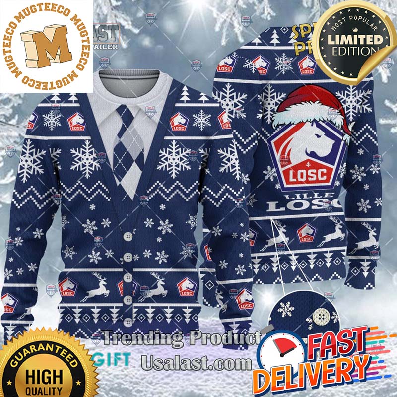 LOSC Lille Ligue 1 Cardigan Ugly Christmas Sweater For Holiday 2023 Xmas Gifts LOSC Lille Ligue 1 Cardigan Ugly Christmas Sweater For Holiday 2023 Xmas Gifts
