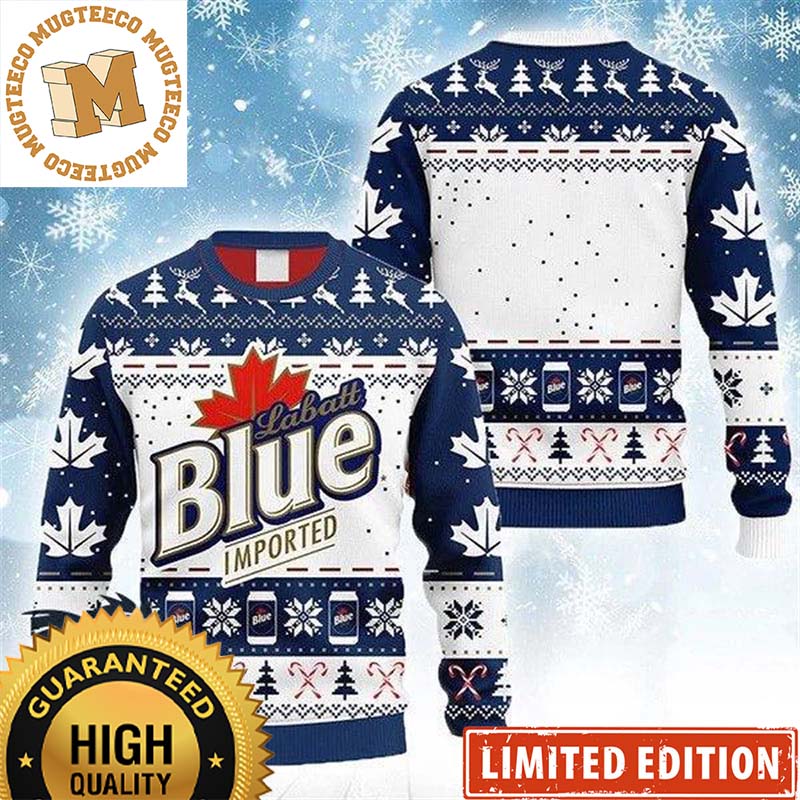 Labatt Blue Imported Snowflakes Knitting White And Blue Christmas Ugly Sweater Labatt Blue Imported Snowflakes Knitting White And Blue Christmas Ugly Sweater