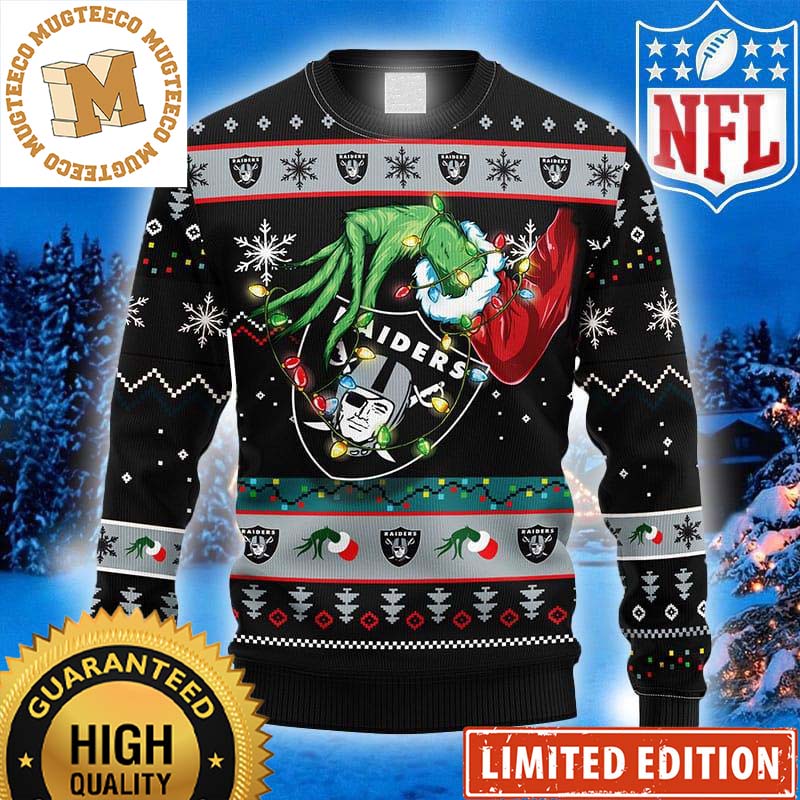 Las Vegas Raiders Grinch Logo Chritmas Light 2023 Holiday Ugly Christmas Sweater For Family Las Vegas Raiders Grinch Logo Chritmas Light 2023 Holiday Ugly Christmas Sweater For Family