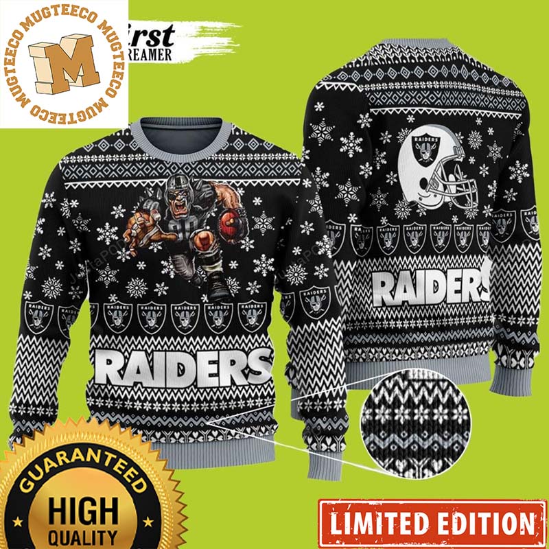 Las Vegas Raiders Player With Ball And Helmet Raiders NFL Christmas Ugly Wool Sweater Las Vegas Raiders Player With Ball And Helmet Raiders NFL Christmas Ugly Wool Sweater