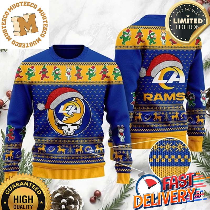 Los Angeles Rams Grateful Dead SKull And Bears Custom Name Ugly Christmas Sweater Los Angeles Rams Grateful Dead SKull And Bears Custom Name Ugly Christmas Sweater