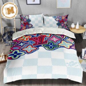 Louis Vuitton Colorful Monogram Icons Dripping Effect In Mint And White Checker Pattern Bedding Set