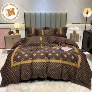 Louis Vuitton Luxury Brown Monogram With Golden Box Frame Bedding Set