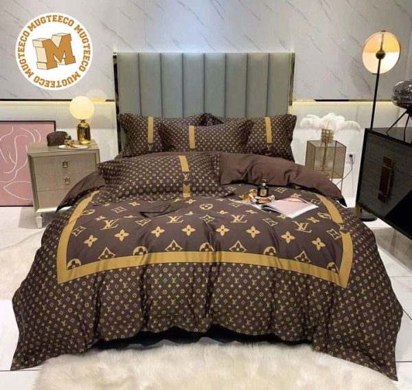 Louis Vuitton Luxury Brown Monogram With Golden Box Frame Bedding Set Louis Vuitton Luxury Brown Monogram With Golden Box Frame Bedding Set