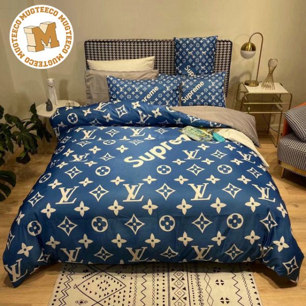 Louis Vuitton x Supreme In Blue Monogram Edition Background Comforter Bedding Set Louis Vuitton x Supreme In Blue Monogram Edition Background Comforter Bedding Set