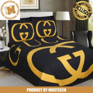 Luxury Gucci Big Golden Logo In Black Background Bedding Set
