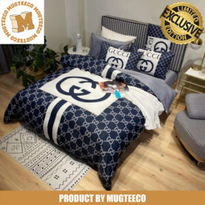 Luxury Gucci Big Logo In Navy Luxury Mongram Background Bedding Set