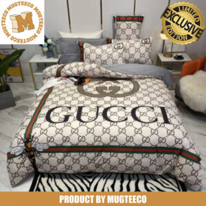Luxury Gucci Big Logo With Vintage Web And Bee In Beige Monogram Background Bedding Set