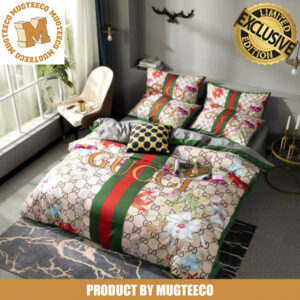 Luxury Gucci Big Logo With Vintage Web In Signature Floral Beige Monogram Background Bedding Set