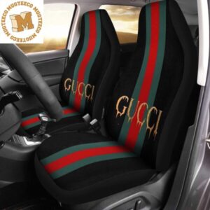 Luxury Gucci Golden Logo With Vintage Web Stripe In Black Background Car Seat Covers Full Set