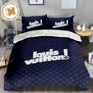 Luxury Louis Vuitton Cartoon Logo Font In Deep Blue Monogram Background Bedding Set