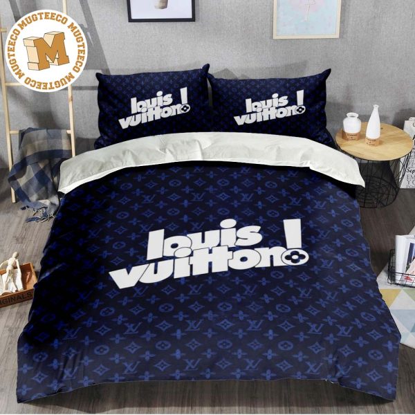 Luxury Louis Vuitton Cartoon Logo Font In Deep Blue Monogram Background Bedding Set Luxury Louis Vuitton Cartoon Logo Font In Deep Blue Monogram Background Bedding Set