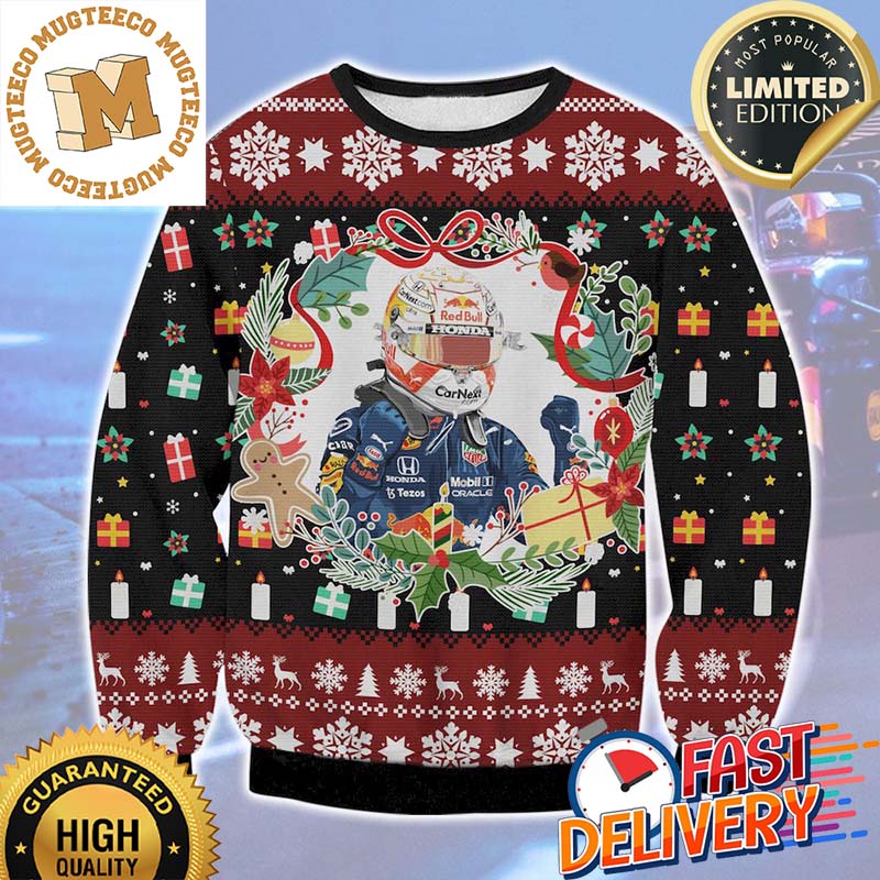 Max Verstappen Red Bull F1 Racing Christmas Wreath Ugly Christmas Sweater Max Verstappen Red Bull F1 Racing Christmas Wreath Ugly Christmas Sweater