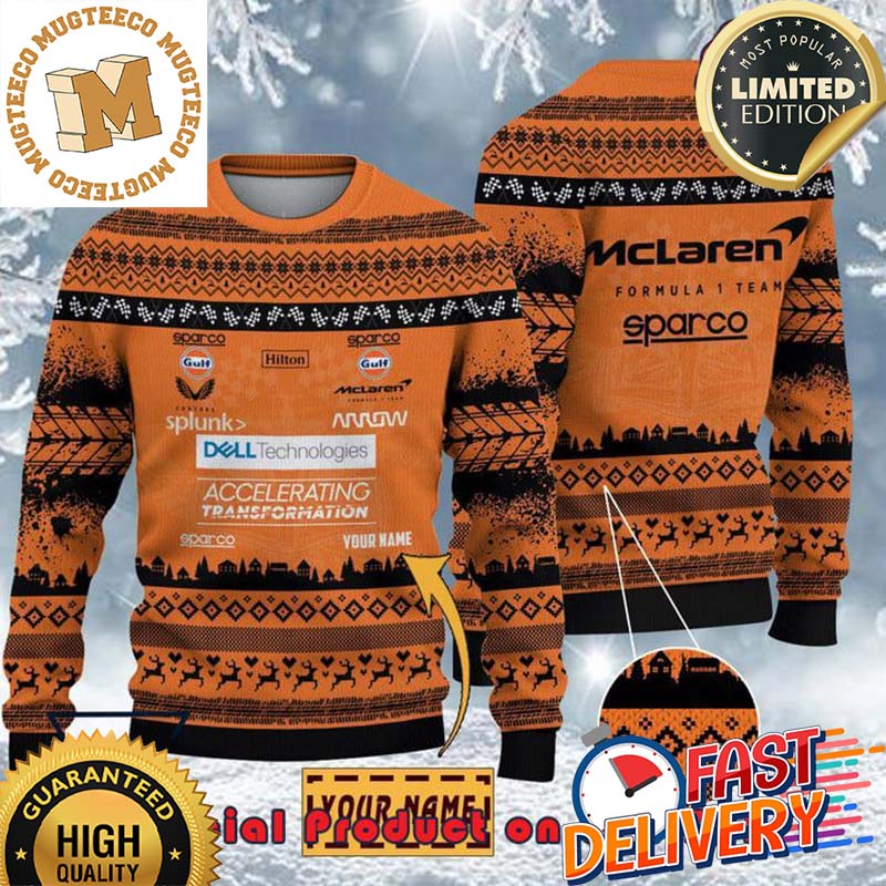 McLaren F1 Racing Team Custom Name Ugly Christmas Sweater For Holiday 2023 Xmas Gifts McLaren F1 Racing Team Custom Name Ugly Christmas Sweater For Holiday 2023 Xmas Gifts