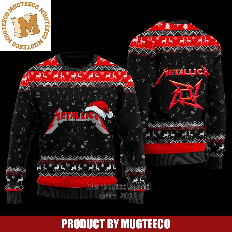 Metallica Logo With Santa Hat Reindeer Black And Red Ugly Christmas Sweater Metallica Logo With Santa Hat Reindeer Black And Red Ugly Christmas Sweater