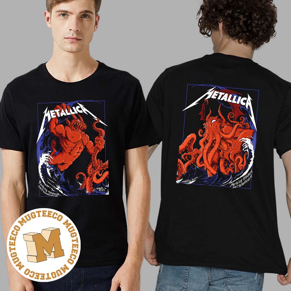 Metallica M72 World Tour North America East Rutherford NJ Metlife Stadium Devil Versus Kraken Two Sides Print Unisex T-Shirt Metallica M72 World Tour North America East Rutherford NJ Metlife Stadium Devil Versus Kraken Two Sides Print Unisex T-Shirt