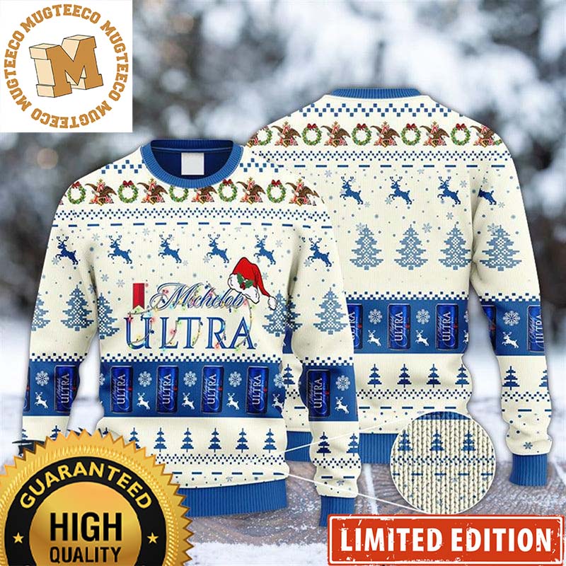 Michelob Ultra Beer Christmas Lights And Santa Hat Reindeer Snowy Night Knitting Whie And Blue Ugly Sweater Michelob Ultra Beer Christmas Lights And Santa Hat Reindeer Snowy Night Knitting Whie And Blue Ugly Sweater