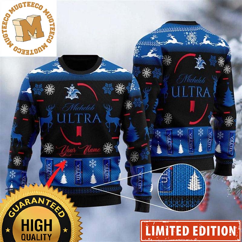 Michelob Ultra Beer Logo Reindeer Personalized Black And Blue Christmas Ugly Sweater Michelob Ultra Beer Logo Reindeer Personalized Black And Blue Christmas Ugly Sweater