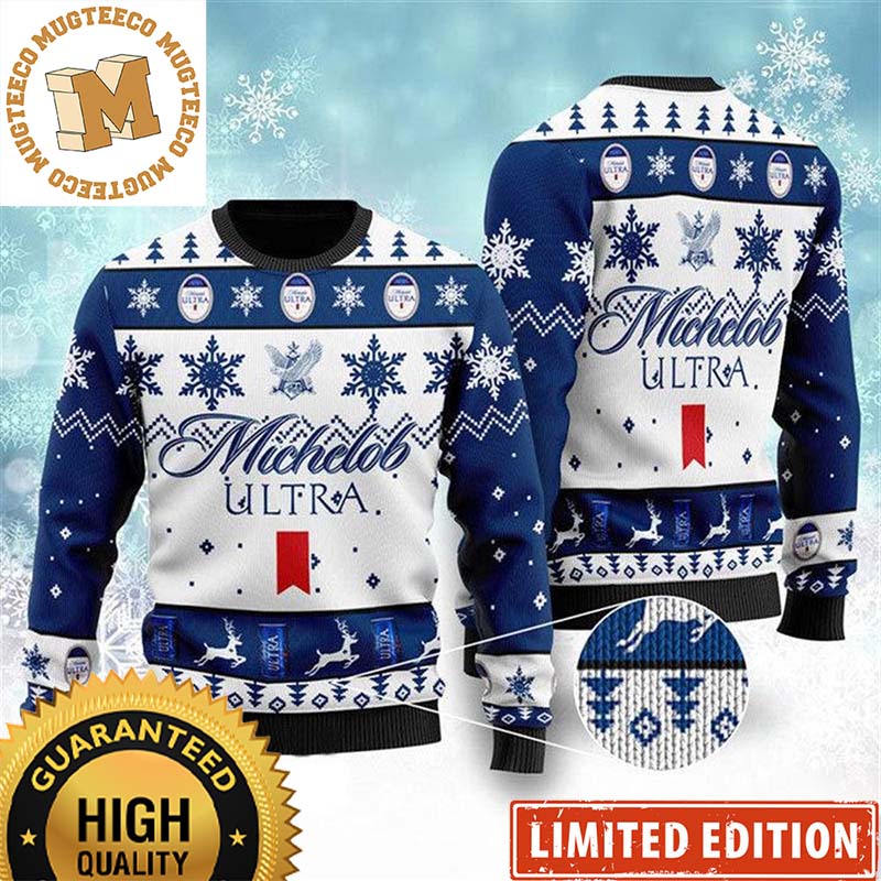 Michelob Ultra Beer Logo Snowflakes Reindeer Knitting Christmas Ugly Sweater Michelob Ultra Beer Logo Snowflakes Reindeer Knitting Christmas Ugly Sweater