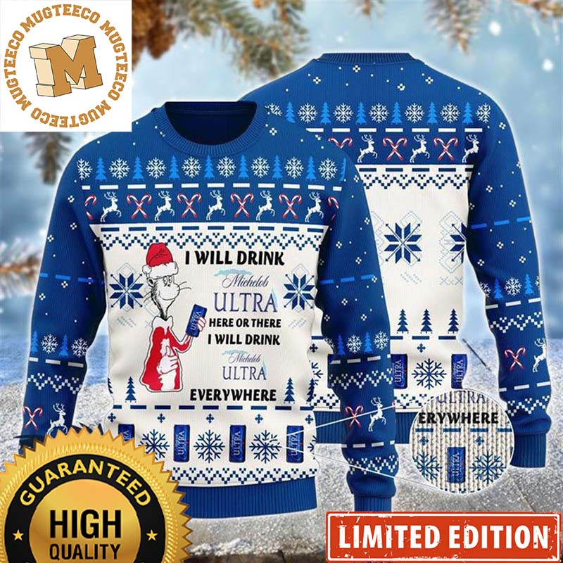 Michelob Ultra Dr Seuss I Will Drink Michelob Ultra Here Or There Everywhere Christmas Ugly Sweater Michelob Ultra Dr Seuss I Will Drink Michelob Ultra Here Or There Everywhere Christmas Ugly Sweater