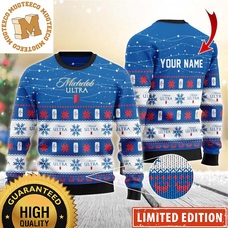 Michelob Ultra Personalized Christmas Twinkle Lights Snowflakes Knitting Blue And White Holiday Ugly Sweater Michelob Ultra Personalized Christmas Twinkle Lights Snowflakes Knitting Blue And White Holiday Ugly Sweater