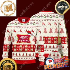 Miller High Life Santa Hat Ugly Christmas Sweater For Holiday 2023 Xmas Gifts