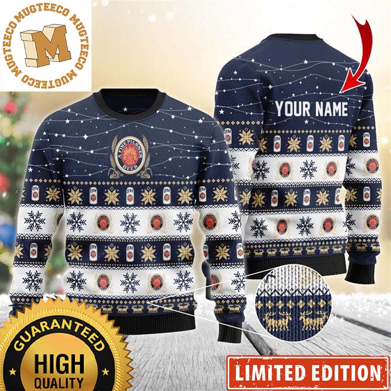Miller Lite Beer Personalized Christmas Twinkle Lights Snowflakes Knitting Navy Holiday Ugly Sweater Miller Lite Beer Personalized Christmas Twinkle Lights Snowflakes Knitting Navy Holiday Ugly Sweater