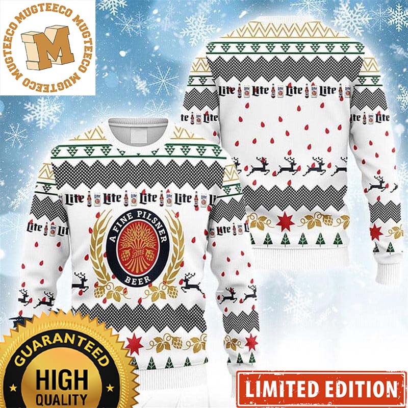 Miller Lite Big Logo Knitting Snowflakes Reindeer White Christmas Ugly Sweater Miller Lite Big Logo Knitting Snowflakes Reindeer White Christmas Ugly Sweater