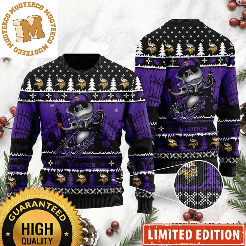 Minnesota Vikings Jack Skellington Halloween All Over Print 2023 Holiday Ugly Christmas Sweater Minnesota Vikings Jack Skellington Halloween All Over Print 2023 Holiday Ugly Christmas Sweater