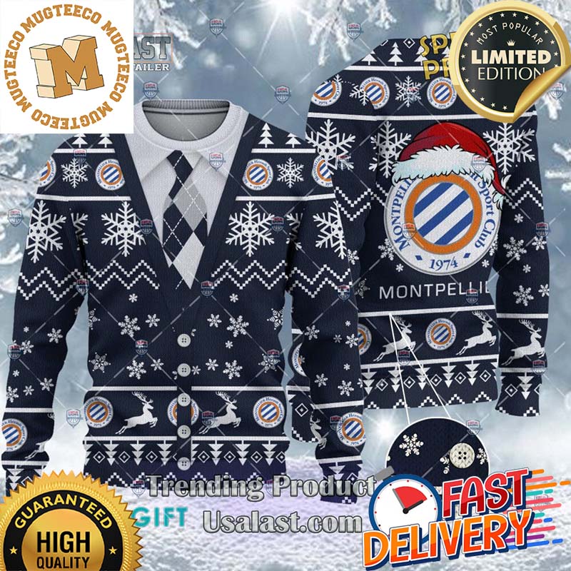 Montpellier HSC Ligue 1 Cardigan Ugly Christmas Sweater For Holiday 2023 Xmas Gifts Montpellier HSC Ligue 1 Cardigan Ugly Christmas Sweater For Holiday 2023 Xmas Gifts