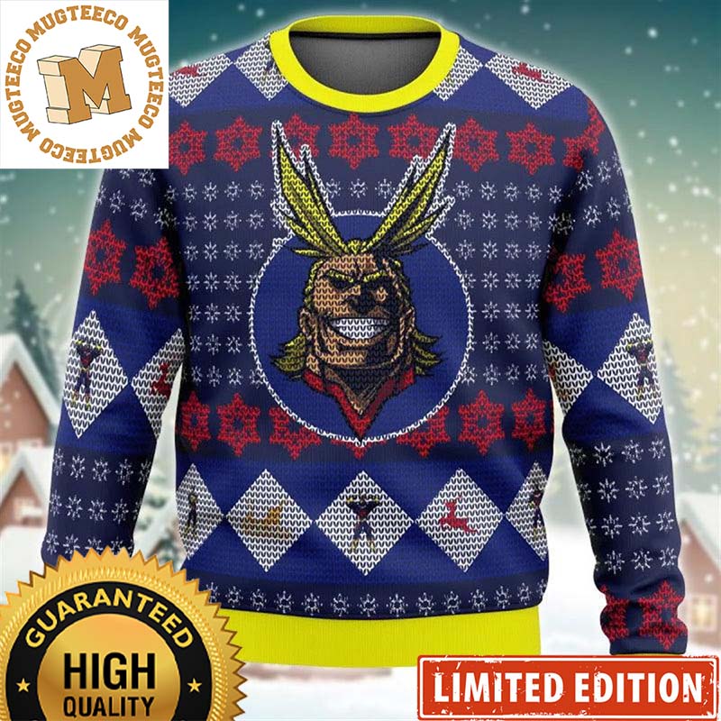 My Hero Academia All Might Face Superhero Signature Blue Christmas Ugly Sweater My Hero Academia All Might Face Superhero Signature Blue Christmas Ugly Sweater