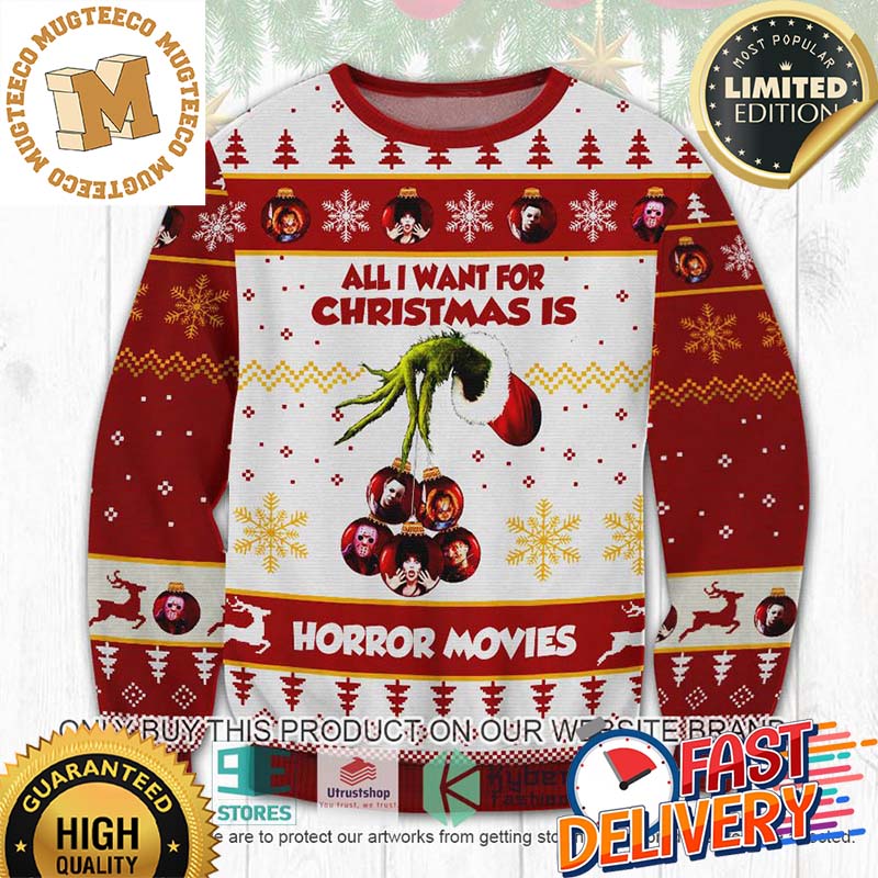 NEW Grinch All I Want For Christmas Is Horror Movies Ugly Sweater NEW Grinch All I Want For Christmas Is Horror Movies Ugly Sweater