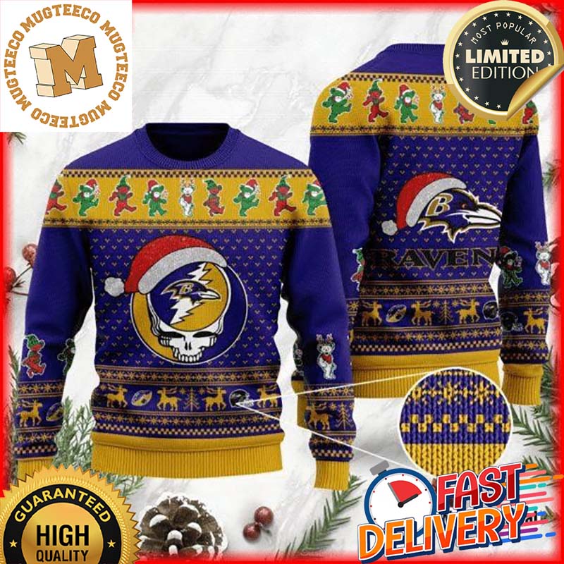 NFL Baltimore Ravens Grateful Dead Santa Hat Ugly Christmas Sweater NFL Baltimore Ravens Grateful Dead Santa Hat Ugly Christmas Sweater