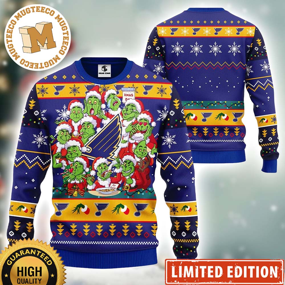 NHL St Louis Blues Cute 12 Grinch Faces Happy Xmas Day Men And Women Ugly Christmas Sweater NHL St Louis Blues Cute 12 Grinch Faces Happy Xmas Day Men And Women Ugly Christmas Sweater