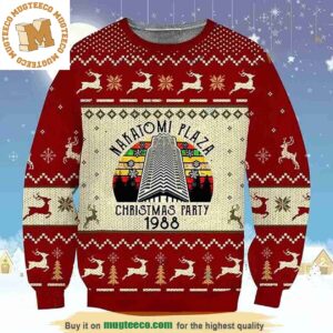 Nakatomi Plaza Die Hard Christmas Party 1988 Reindeer And Chevron Pattern Knitting Red And White Holiday Ugly Sweater