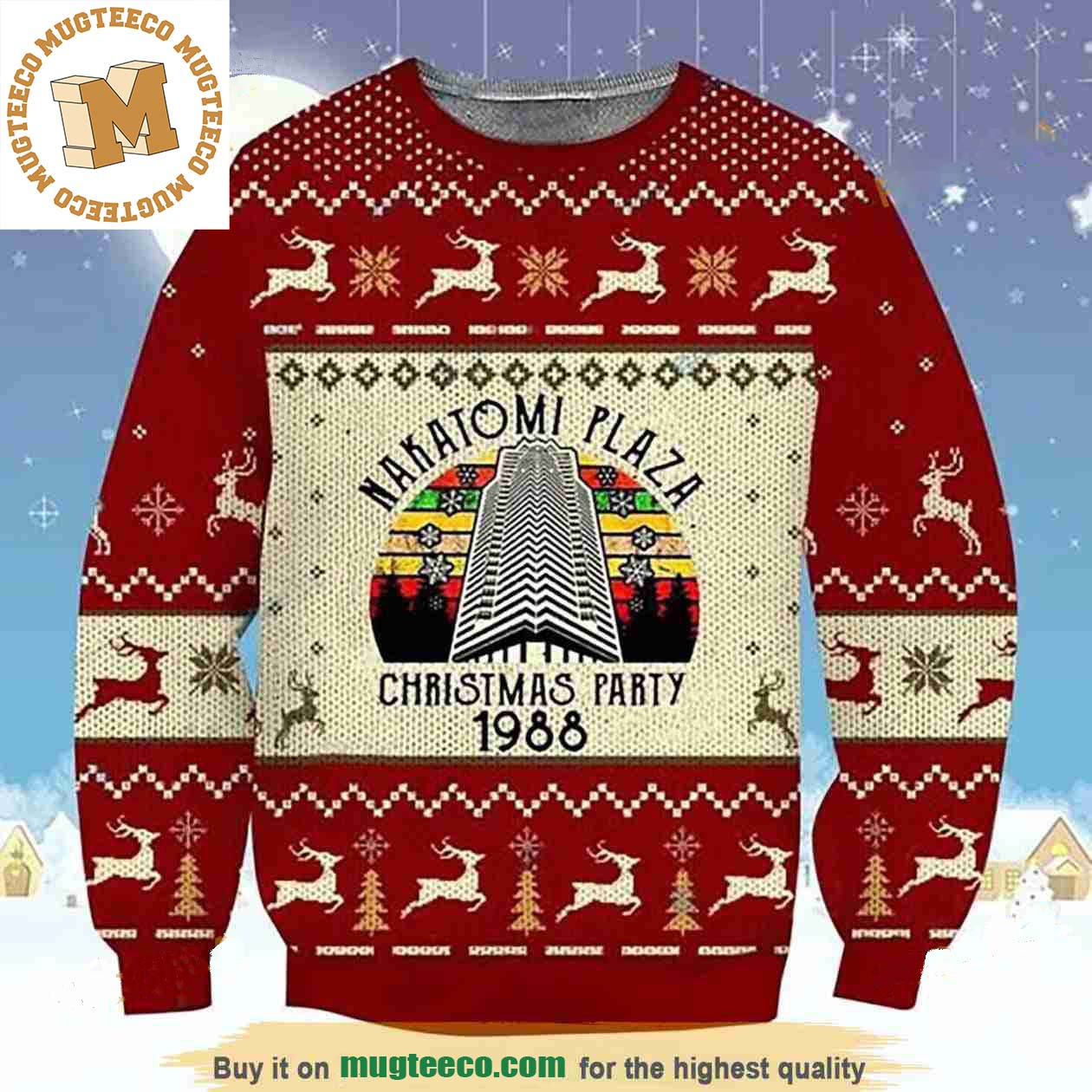 Nakatomi Plaza Die Hard Christmas Party 1988 Reindeer And Chevron Pattern Knitting Red And White Holiday Ugly Sweater Nakatomi Plaza Die Hard Christmas Party 1988 Reindeer And Chevron Pattern Knitting Red And White Holiday Ugly Sweater