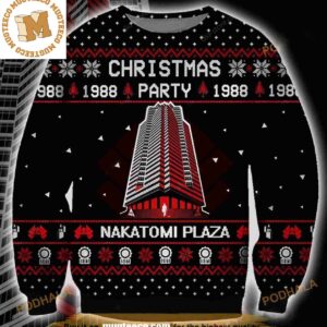 Nakatomi Plaza Logo Christmas Party 1988 Snowy Night Black Christmas Ugly Sweater