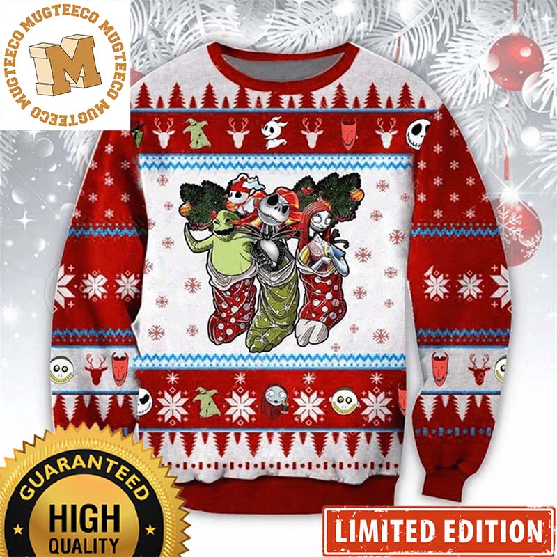 Nightmare Before Christmas Jack & Sally & Boogie Knitting Christmas Ugly Sweater Nightmare Before Christmas Jack & Sally & Boogie Knitting Christmas Ugly Sweater
